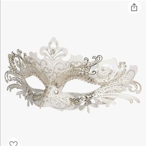 White and Silver Masquerade Mask with Glitter and Rhinestones